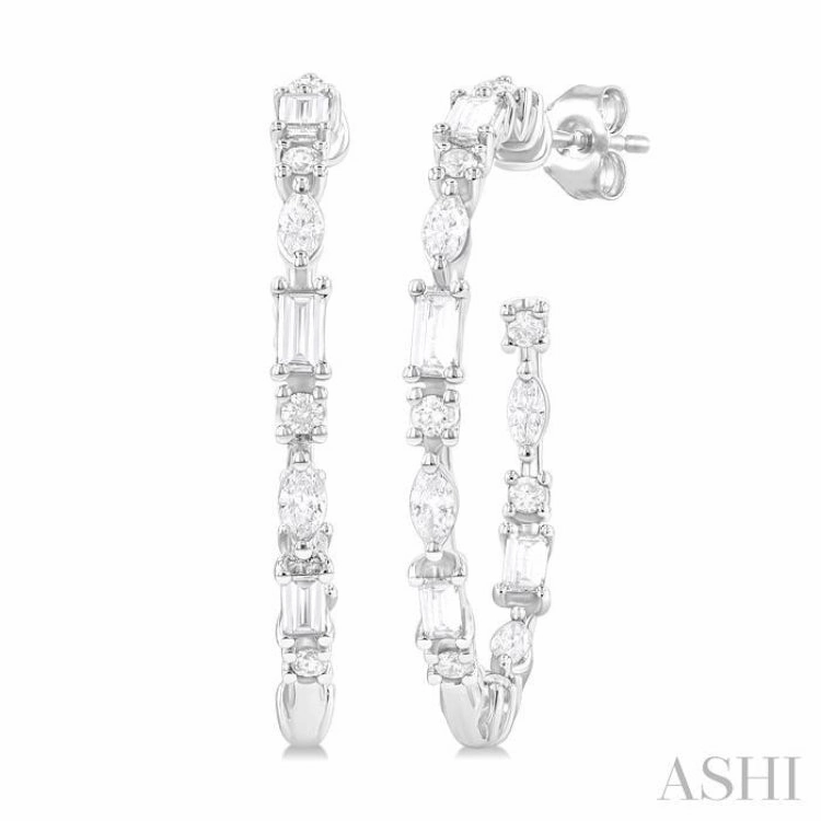 Dusk Mood Shine On 1 1/6 Ctw Inside & Outside Mixed Diamond Cut Fashion Open Hoop Earrings in 14K White Gold