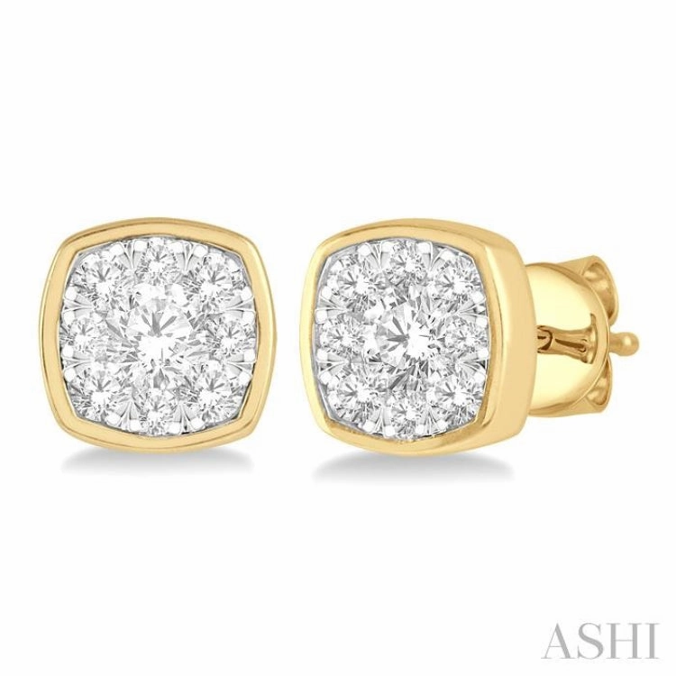 Versatile Charm 1/2 Ctw Cushion Shape Round Cut Diamond Lovebright Bezel Stud Earring in 14K Yellow and White Gold