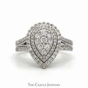 Bold Keepsake Pear Shaped 1cttw Diamond Cluster Engagement Ring with Double Diamond Halo & Accented Sides in 10k White Gold