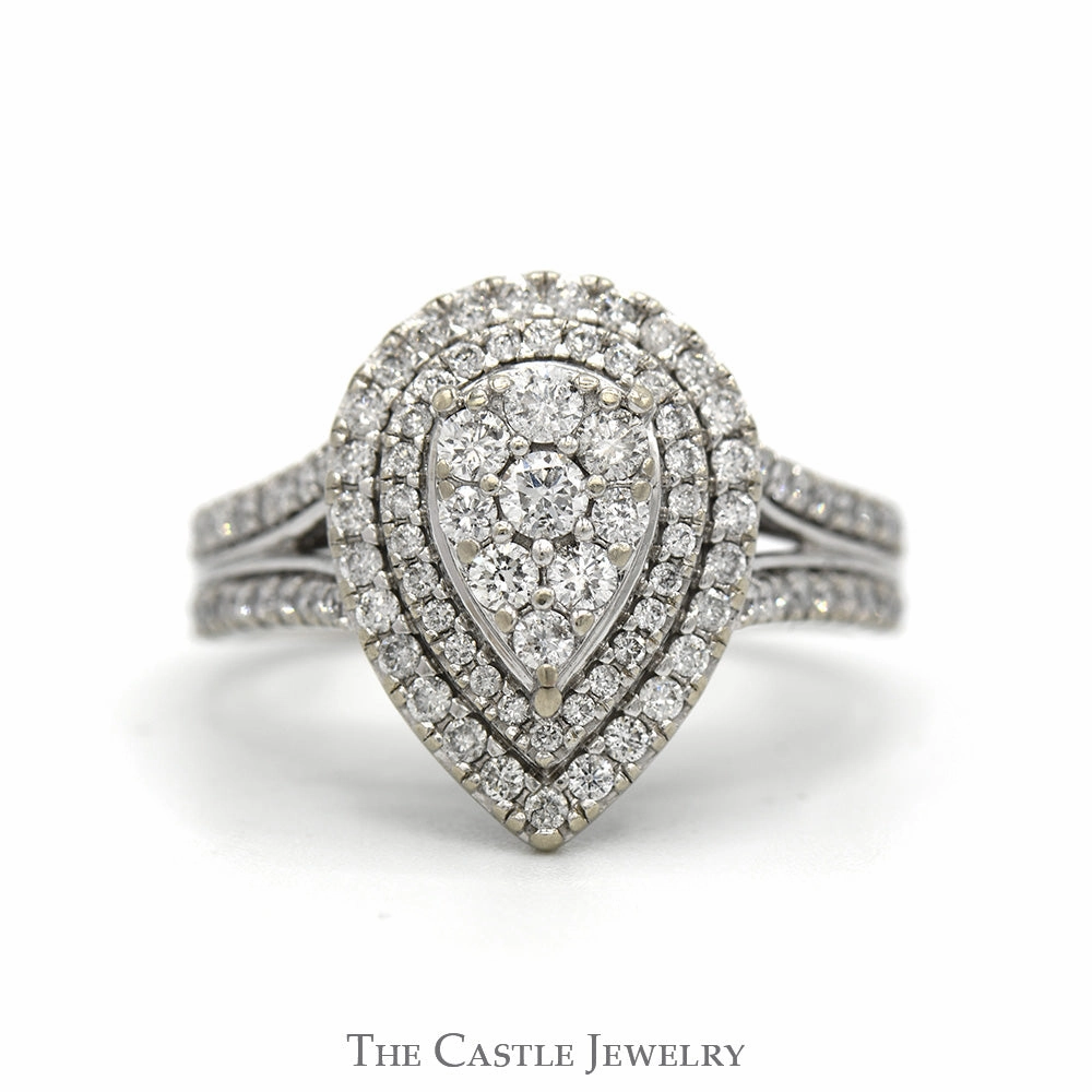 Bold Keepsake Pear Shaped 1cttw Diamond Cluster Engagement Ring with Double Diamond Halo & Accented Sides in 10k White Gold