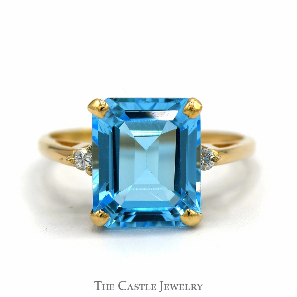 Emerald Cut Blue Topaz Ring with Round Diamond Accented Sides in 14k Yellow Gold Shimmer Accent
