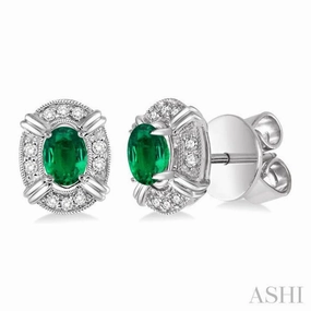 5x3 MM Oval Cut Emerald and 1/10 Ctw Single Cut Diamond Earrings in 14K White Gold Polished Line