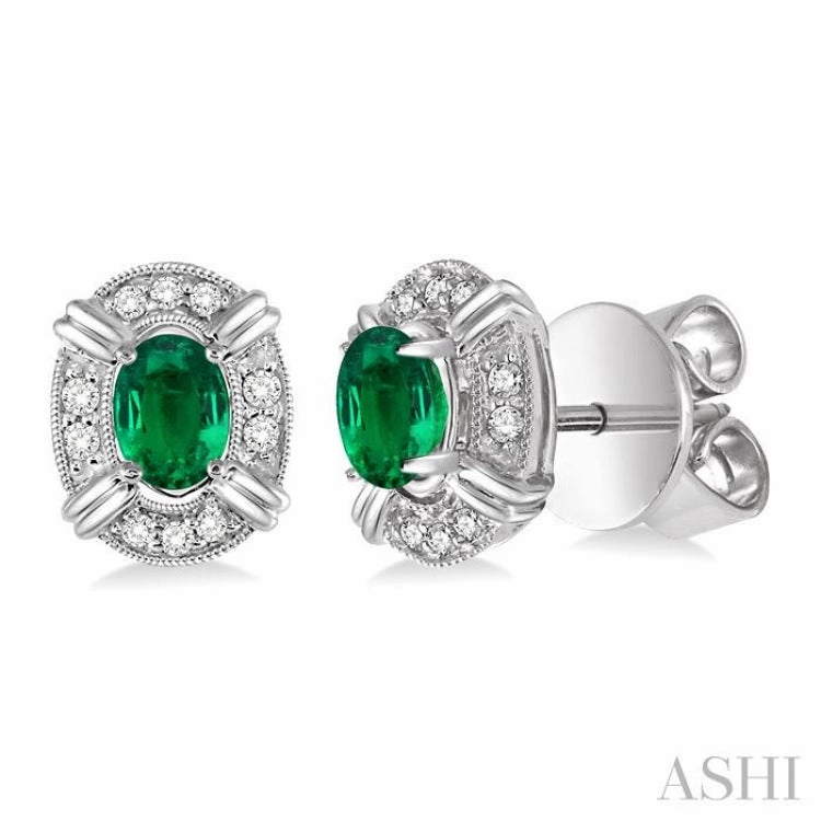5x3 MM Oval Cut Emerald and 1/10 Ctw Single Cut Diamond Earrings in 14K White Gold Polished Line