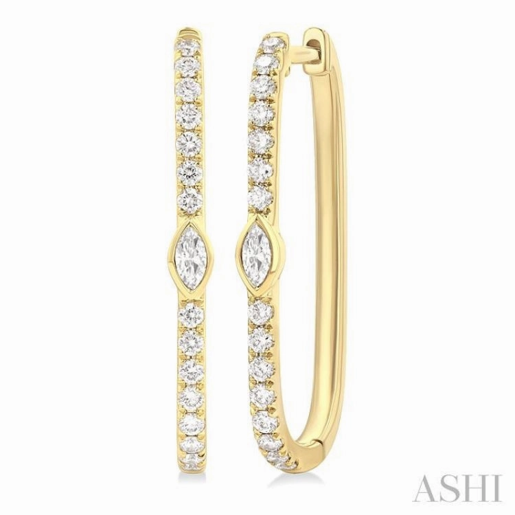 Enchanted Detail 1/3 Ctw Marquise and Round Cut Diamond Rectangular Fashion Hoop Earrings in 14K Yellow Gold