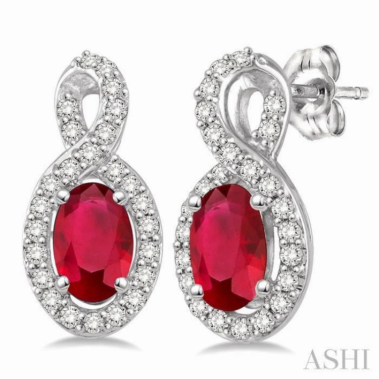 Graceful Flow Sleek Radiance 5x3 MM Oval Cut Ruby and 1/5 ctw Round Cut Diamond Earrings in 10K White Gold