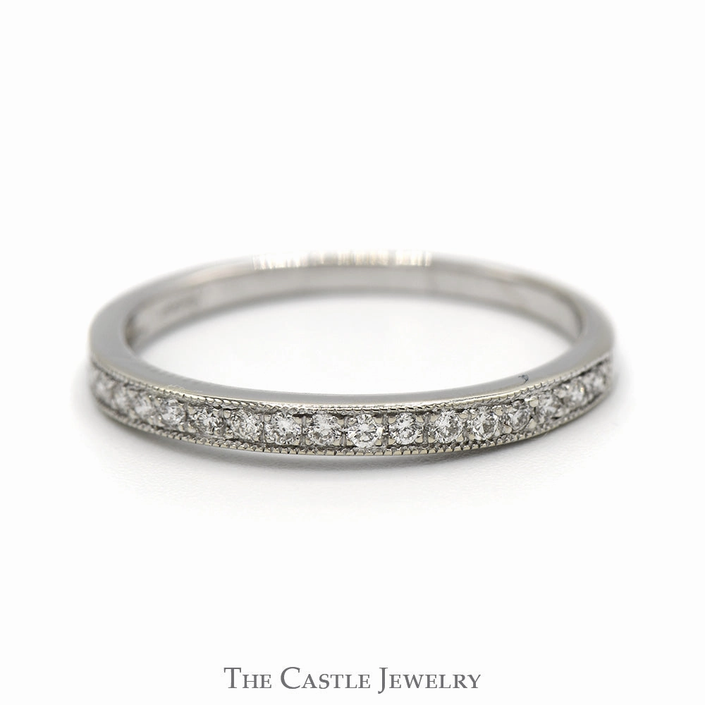 Evening Look Artistic Memento Round Diamond Wedding Band with Beaded Edges in 10k White Gold