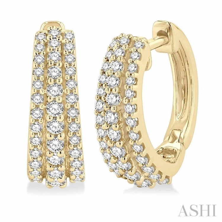 Vibrant Craftwork Subtle Finish 1/2 Ctw Triple Row Round Cut Diamond Huggie Petite Earrings in 14K Yellow Gold
