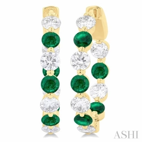 Wedding Ensemble Party Favorite 3.3 MM Round Cut Emerald and 1 5/8 ctw Round Cut Diamond Precious Inside-Out Alternating Hoop Earrings in 14K Yellow Gold
