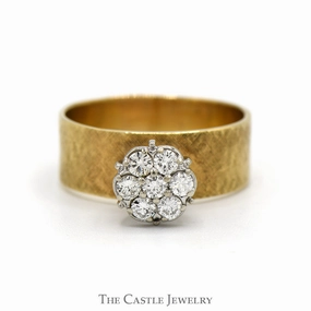 7 Round Diamond Cluster Ring with Wide Brush Textured Band in 14k Yellow Gold Neutral Look