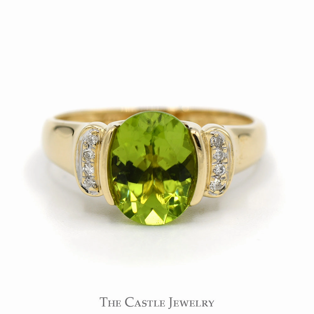 Stylish Craft Chic Statement Oval Peridot Ring with Vertical Set Diamond Accents in 14k Yellow Gold