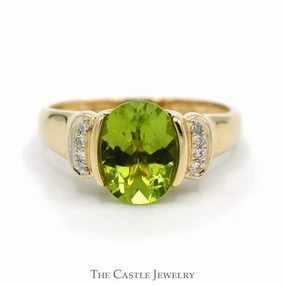 Stylish Craft Chic Statement Oval Peridot Ring with Vertical Set Diamond Accents in 14k Yellow Gold