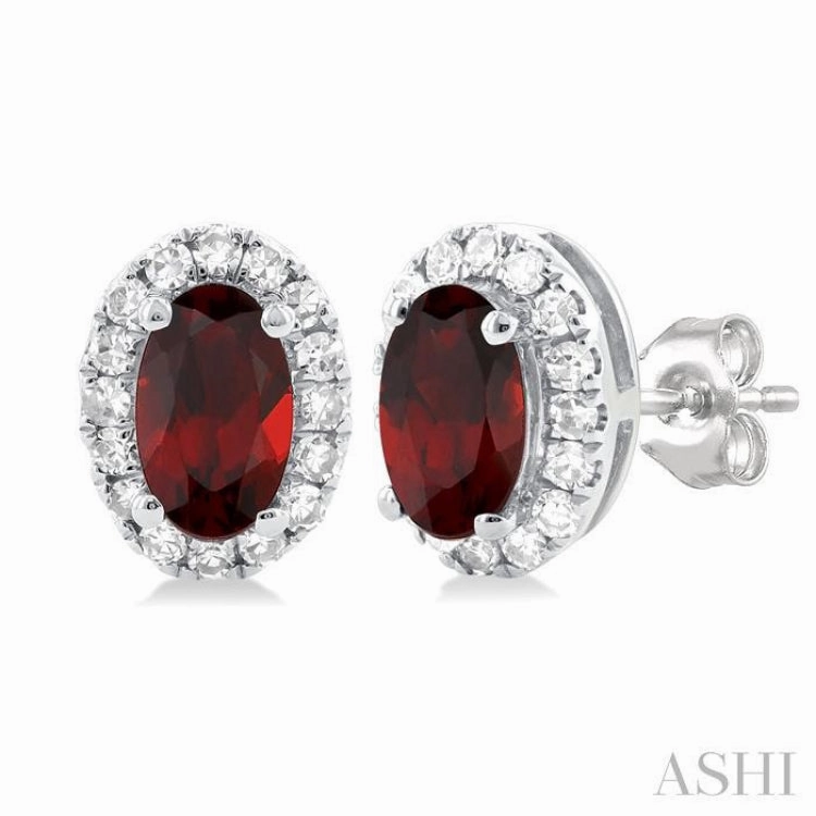 Minimal Edge Elegant Fit 5x3 MM Oval Shape Garnet and 1/8 Ctw Single Cut Diamond Halo Semi-Precious Stud Earrings in 14K White Gold