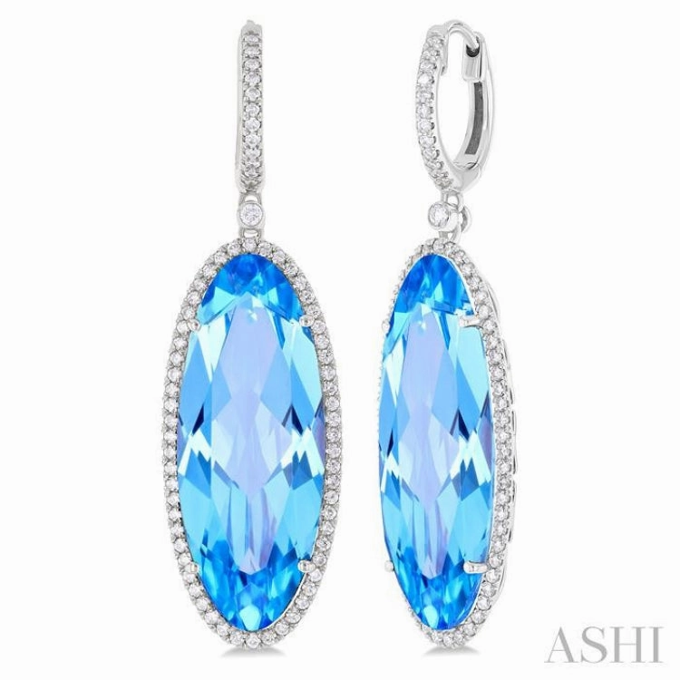 20x8 MM Oval Cut Blue Topaz and 1/2 Ctw Round Cut Diamond Halo Semi-Precious Earrings in 14K White Gold Handcrafted Highlight