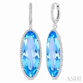 20x8 MM Oval Cut Blue Topaz and 1/2 Ctw Round Cut Diamond Halo Semi-Precious Earrings in 14K White Gold Handcrafted Highlight