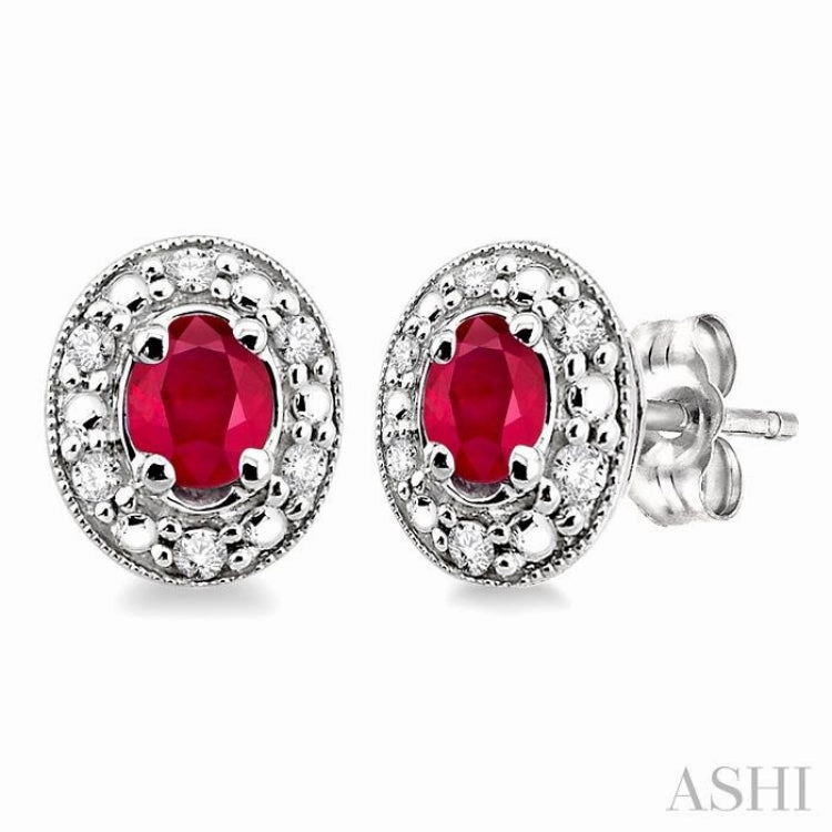 4x3 MM Oval Shaped Ruby and 1/10 ctw Single Cut Diamond Earrings in 14K White Gold Precious Jewelry Pieces