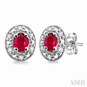 4x3 MM Oval Shaped Ruby and 1/10 ctw Single Cut Diamond Earrings in 14K White Gold Precious Jewelry Pieces