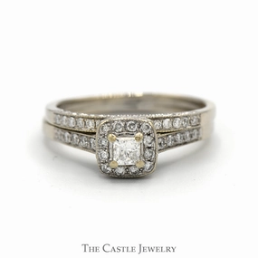 Princess Cut Diamond Bridal Set with Diamond Halo, Accented Sides and Matching Band in 14k White Gold Chic Moment