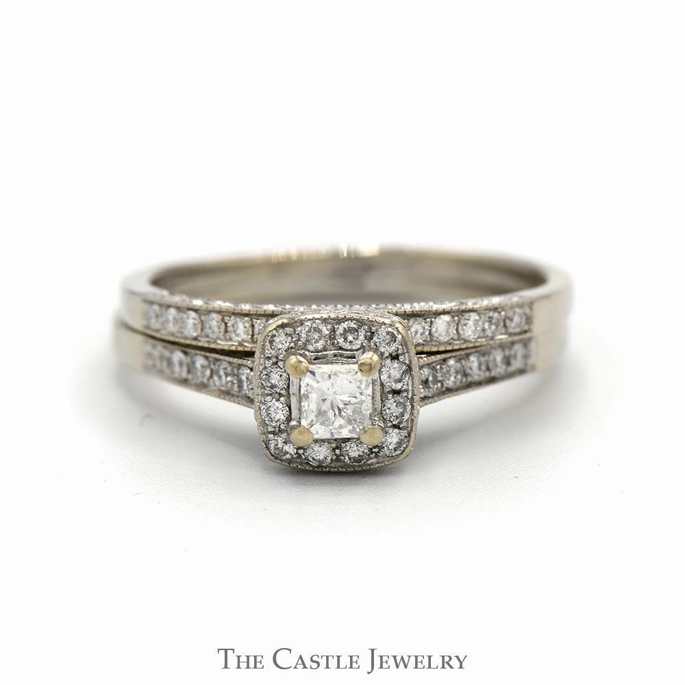 Princess Cut Diamond Bridal Set with Diamond Halo, Accented Sides and Matching Band in 14k White Gold Chic Moment