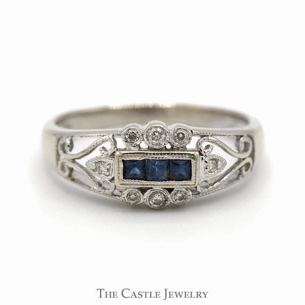 Princess Cut Sapphire Ring in Open Antique Style Band with Diamond Accents in 14k White Gold Shiny Gift