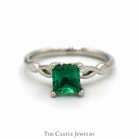 Princess Cut Synthetic Emerald Solitaire Ring in 14k White Gold Twisted Mounting Gentle Finish High-End Decoration