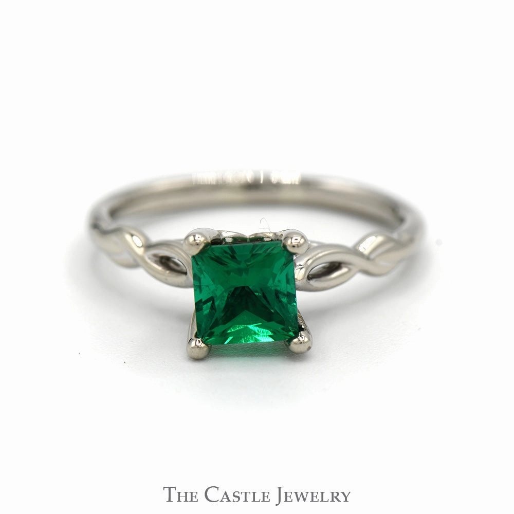 Princess Cut Synthetic Emerald Solitaire Ring in 14k White Gold Twisted Mounting Gentle Finish High-End Decoration