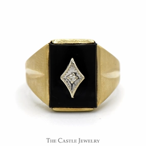 Rectangular Black Onyx Ring with Diamond Accent and Grooved Sides in 10k Yellow Gold Vintage Ornament Stylish Ornament