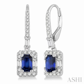 Signature Sparkle 5x3 MM Octagon Cut Sapphire and 1/2 Ctw Round Cut Diamond Precious Earrings in 14K White Gold