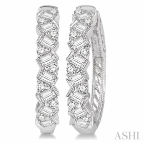 Soft Features Fine finishing 1 Ctw Zigzag Baguette and Round Cut Diamond Hoop Earring in 14K White Gold