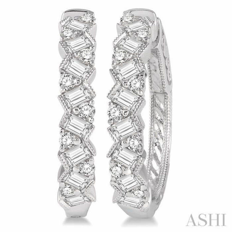 Soft Features Fine finishing 1 Ctw Zigzag Baguette and Round Cut Diamond Hoop Earring in 14K White Gold