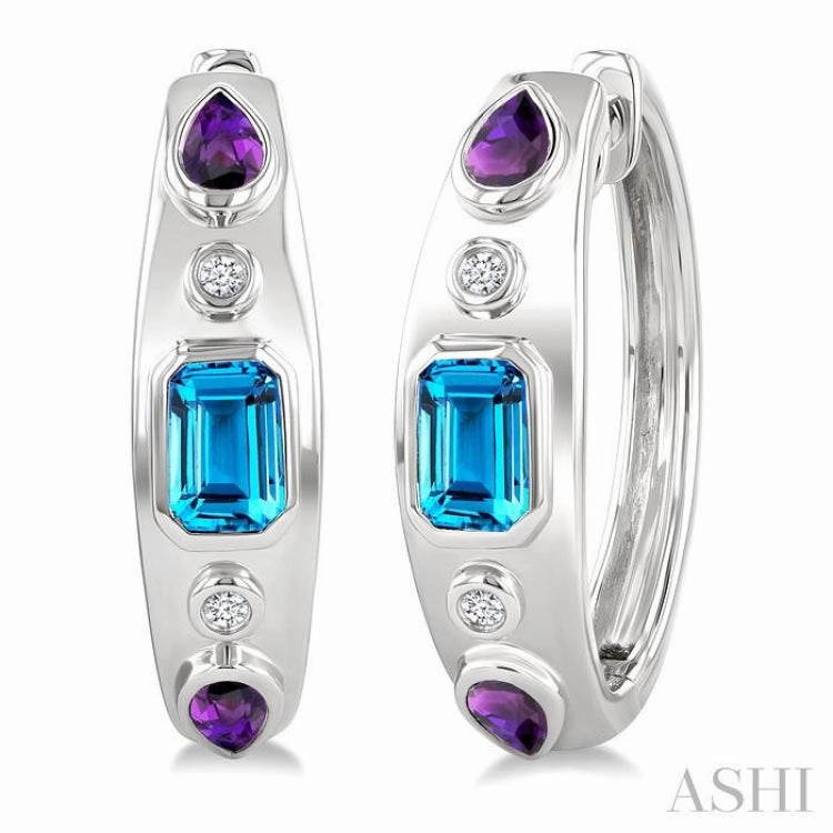 6X4 MM Octagon Shape Blue Topaz & 5X3 MM Pear Shape Amethyst and 1/10 Ctw Round Cut Diamond Semi-Precious Earrings in Sterling Silver Weekend Look Fusion Form