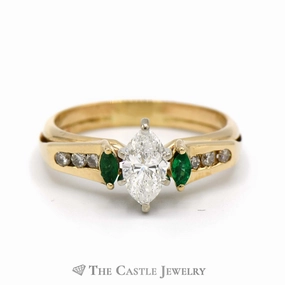 Signature Gift Three Stone Marquise Shaped Diamond and Emerald Engagement Ring and Soldered Wrap Bridal Set in 14k Yellow Gold