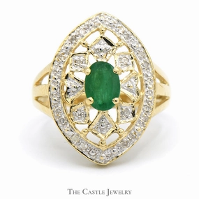 Oval Emerald Shield Ring with Diamond Cluster Accents in 10k Yellow Gold Autumn Collection