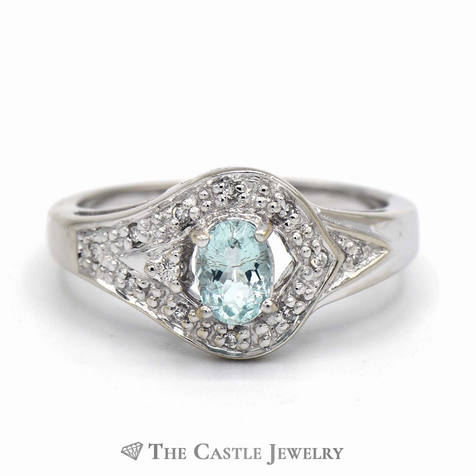 Modern Present Economy Choice Oval Aquamarine Ring with Diamond Bezel Mounting in 18K White Gold