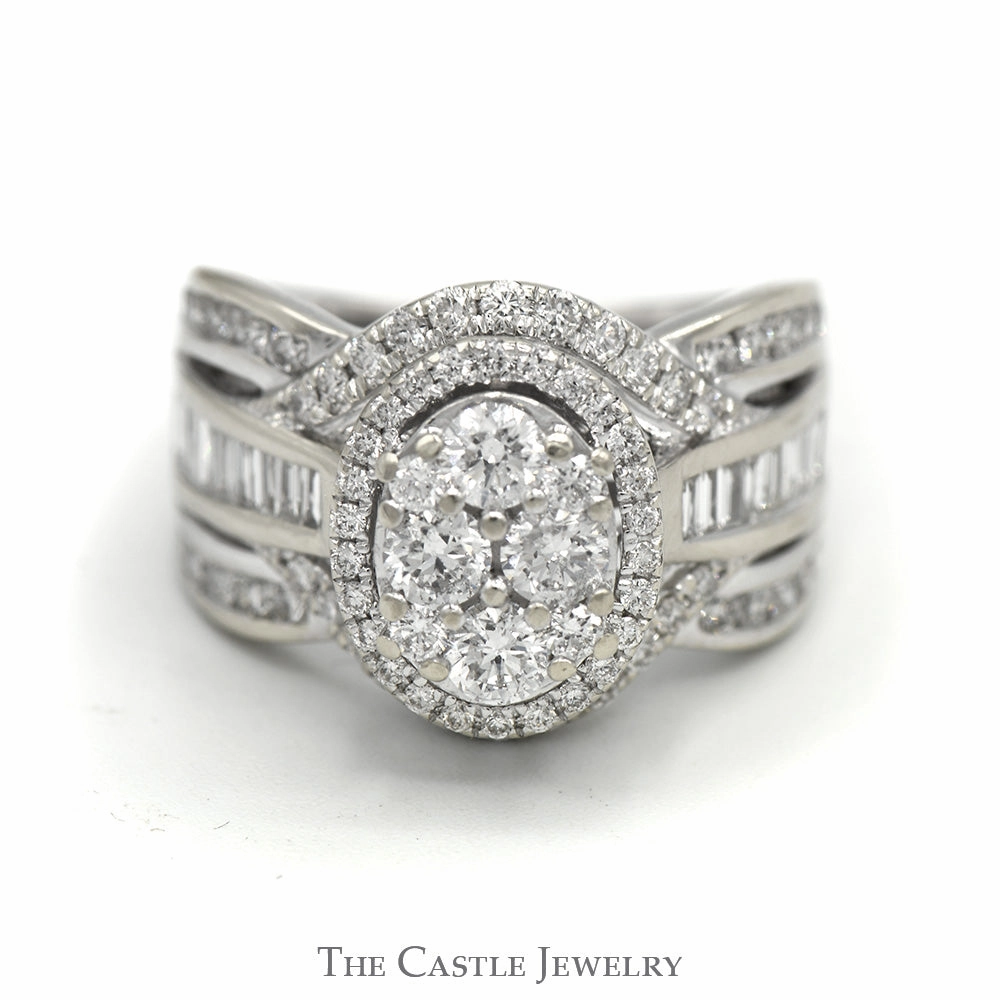 Elegant Form Casual Flow 2cttw Oval Cluster Ring with Multiple Rows of Baguette & Round Diamond Accents