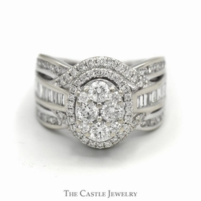 Elegant Form Casual Flow 2cttw Oval Cluster Ring with Multiple Rows of Baguette & Round Diamond Accents