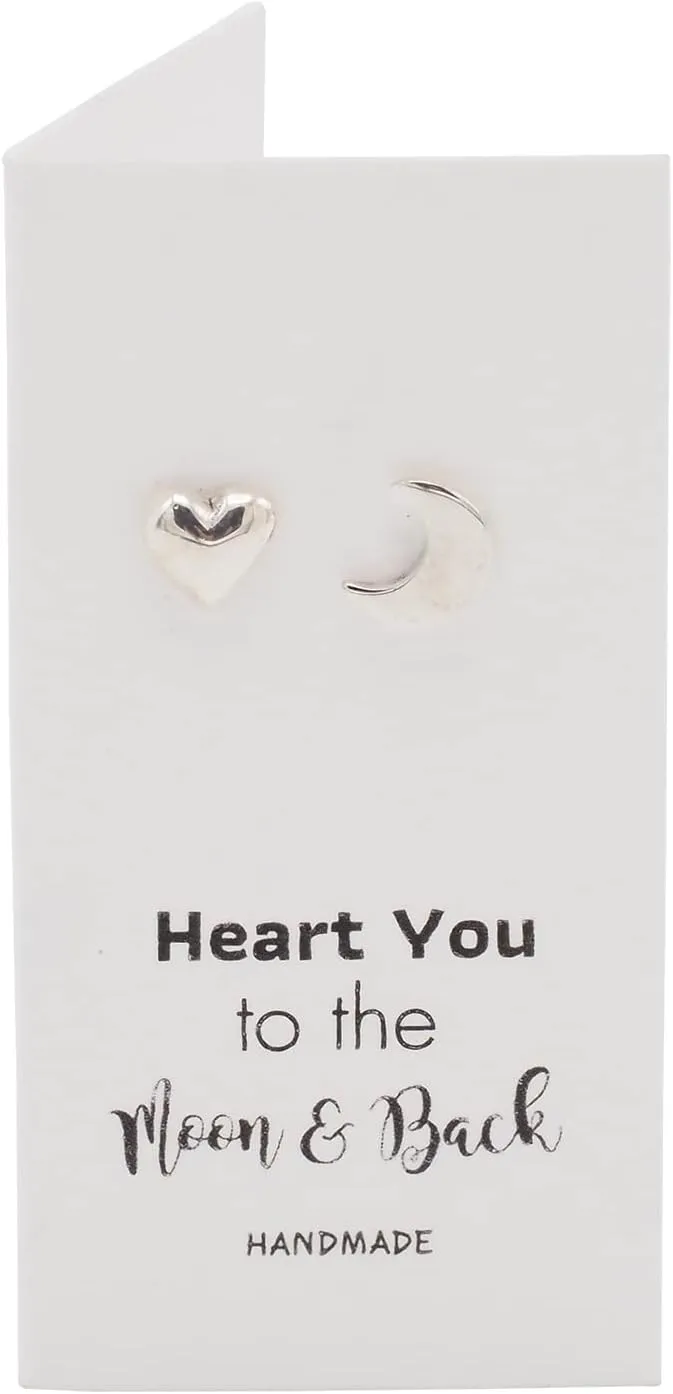 Quan Jewelry Love Heart and Moon Pair Stud Earrings, Unique Gifts, Valentines Gift for Women, Mom, Daughter, Silver with Anti-Tarnish Inspirational Quote Greeting Card