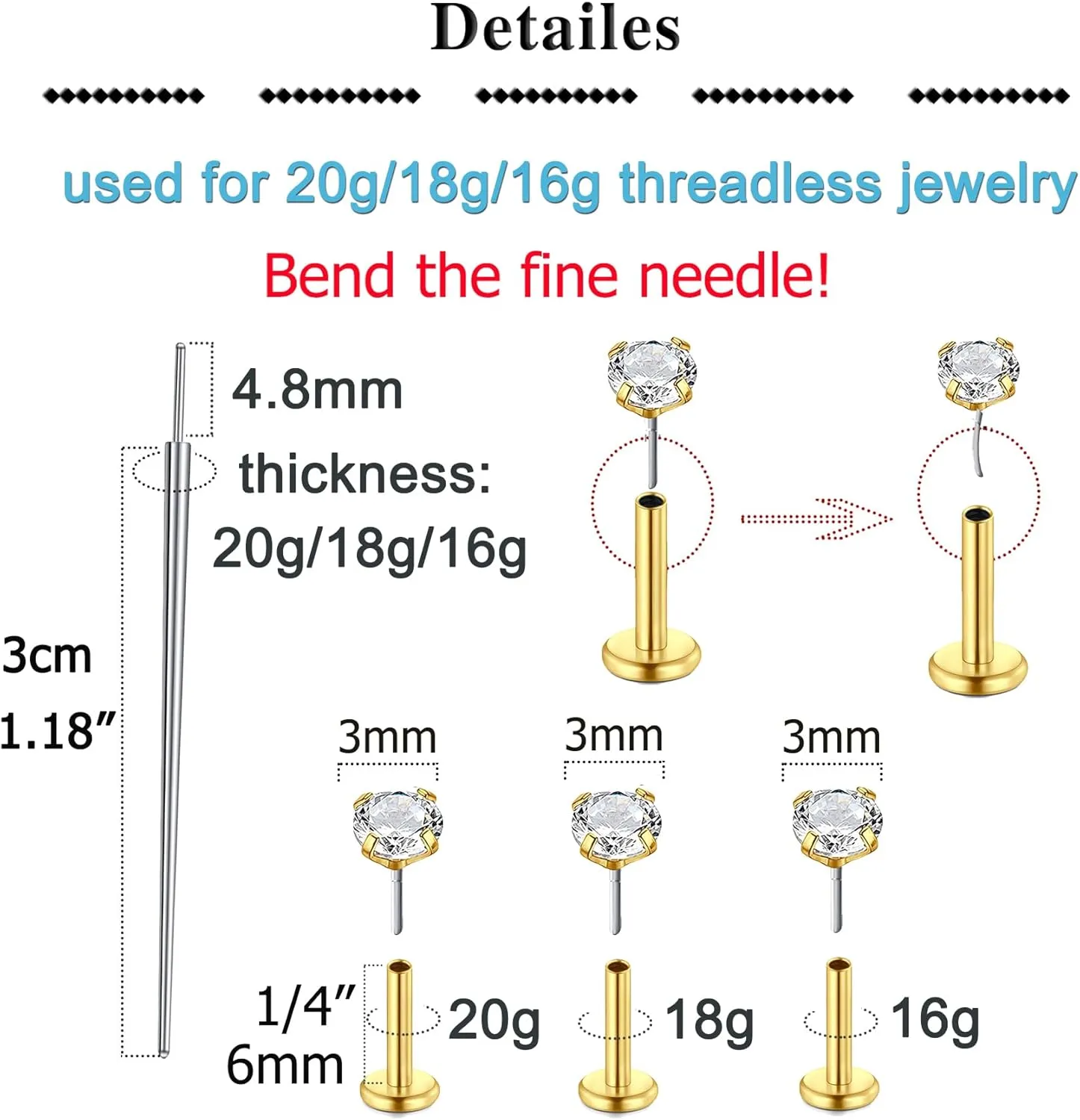 QWALIT Piercing Taper Threadless Insertion Tool - Titanium Labret Pin 16g, 18g, 20g