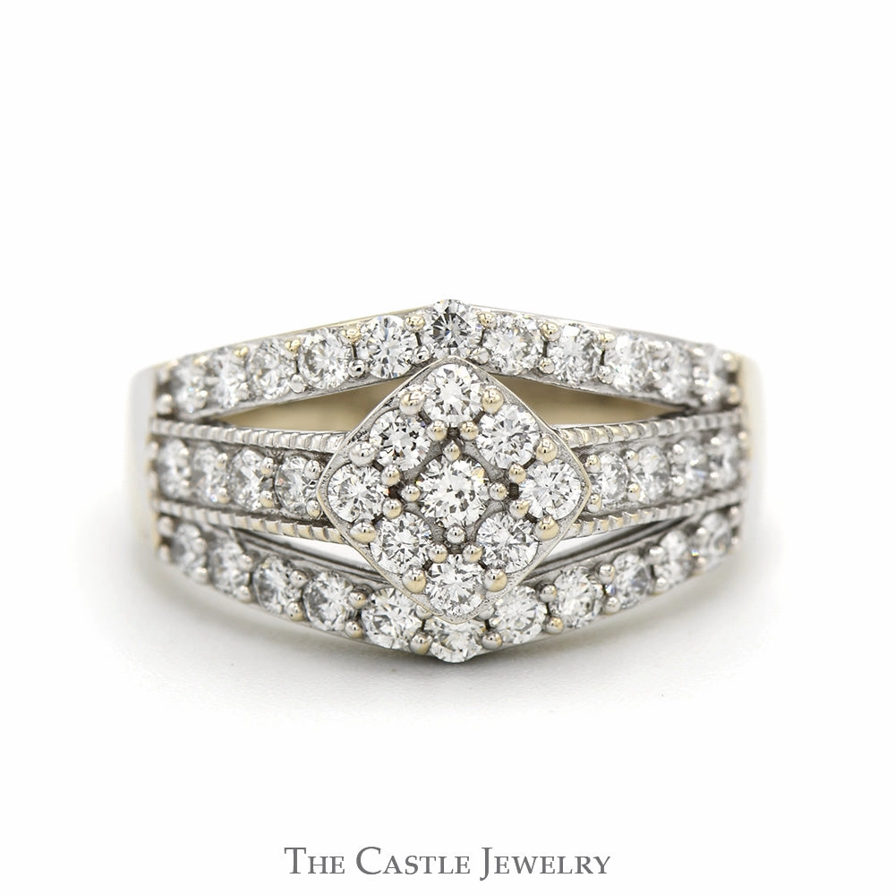 1cttw Lab Grown Diamond Cluster Engagement Ring with Open Split Rows in 14k White Gold Artisan Embellishment