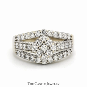 1cttw Lab Grown Diamond Cluster Engagement Ring with Open Split Rows in 14k White Gold Artisan Embellishment