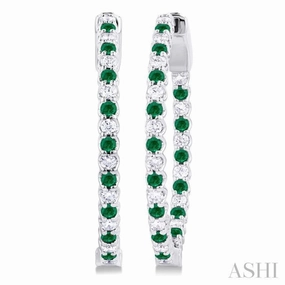 1.6 MM Round Emerald and 1/2 ctw Round Cut Diamond Inside & Outside Alternating Precious Hoop Earrings in 14K White Gold Dazzling Finish Flawless Detail