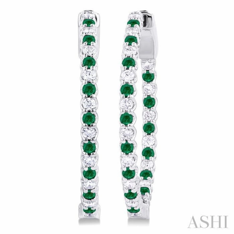 1.6 MM Round Emerald and 1/2 ctw Round Cut Diamond Inside & Outside Alternating Precious Hoop Earrings in 14K White Gold Dazzling Finish Flawless Detail