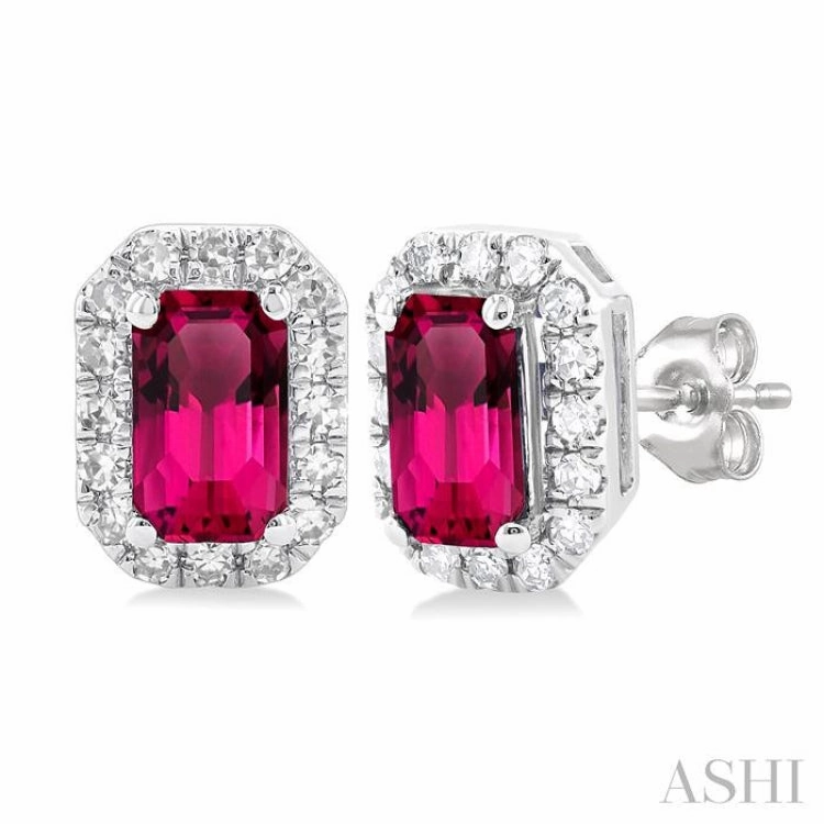 Shimmering Accent 5x3 MM Octagonal Shape Pink Tourmaline and 1/8 Ctw Single Cut Diamond Halo Semi-Precious Stud Earrings in 14K White Gold