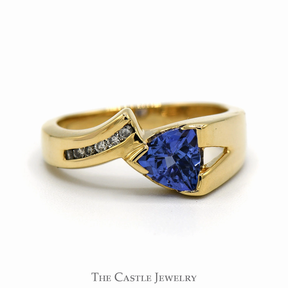 Flexible Design Variable Fit Trillion Cut Tanzanite Ring with Channel Set Diamond Accents in 14k Yellow Gold