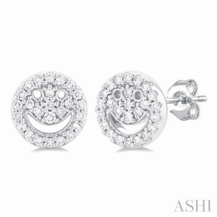 1/6 Ctw Petite Smiley Round Cut Diamond Fashion Stud Earring in 10K White Gold Balanced Accent