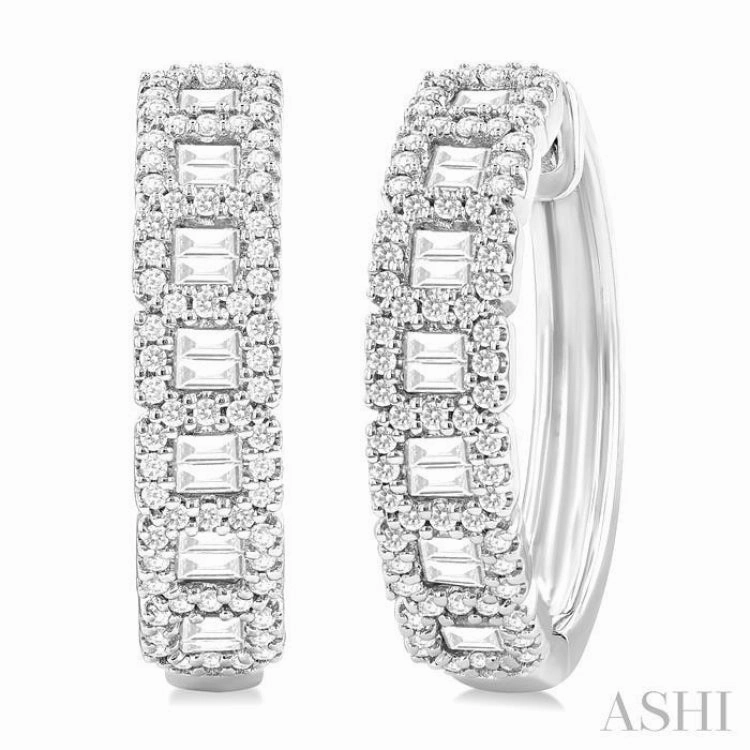 1 Ctw Fusion Baguette and Round Cut Diamond Fashion Hoop Earring in 14K White Gold Alluring Style Exclusive Edge