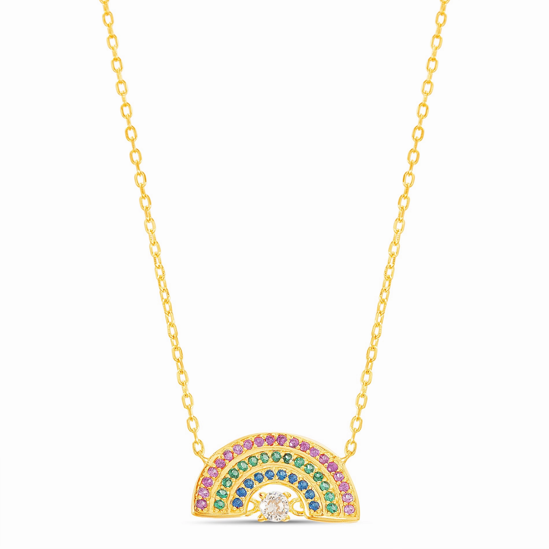Handcrafted Beauty Medium Length Jewelry Rainbow Cubic Zirconia Cable Chain Necklace in Yellow Gold Plated Sterling Silver