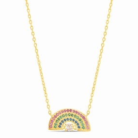 Handcrafted Beauty Medium Length Jewelry Rainbow Cubic Zirconia Cable Chain Necklace in Yellow Gold Plated Sterling Silver