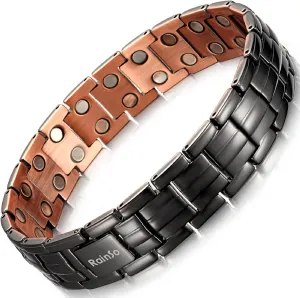 RainSo Mens Matt Gun Black Copper Double Row Magnetic Bracelets for 3500 Gauss Wristband Adjustable (Gun Black)