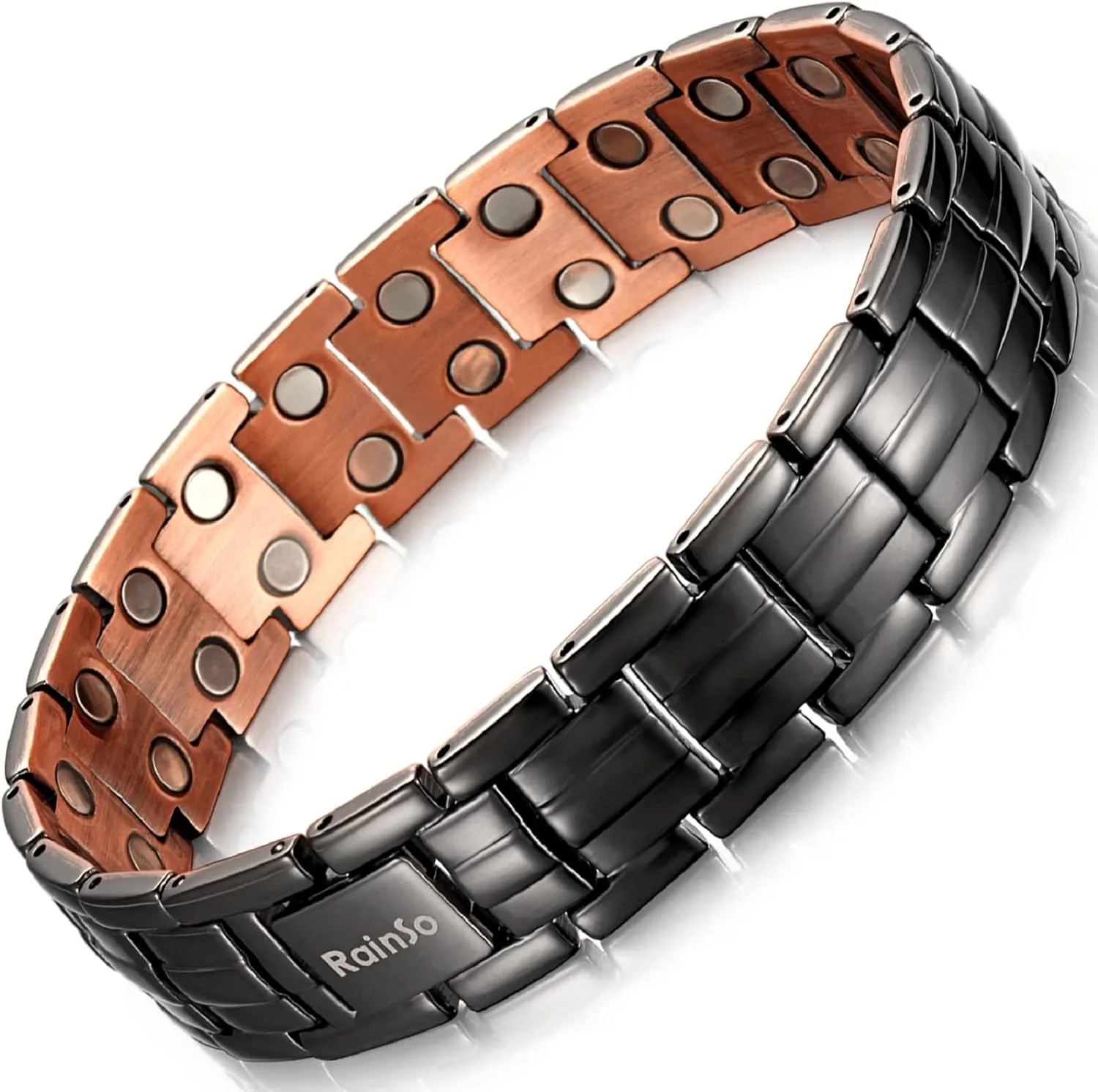 RainSo Mens Matt Gun Black Copper Double Row Magnetic Bracelets for 3500 Gauss Wristband Adjustable (Gun Black)