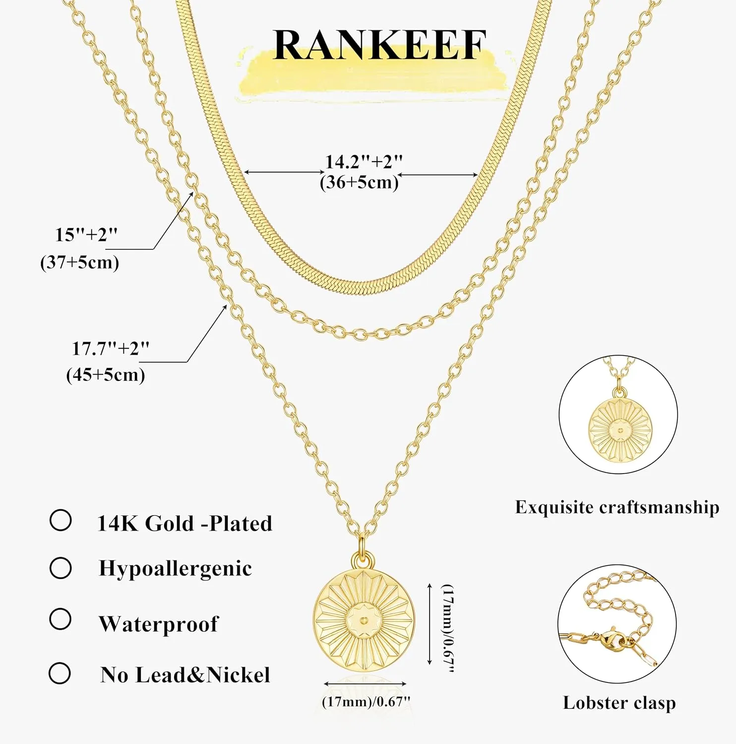 RANKEEF Layered Gold Necklaces For Women 14K Gold Plated Adjustable Pearl Round Piece Bar Layered Necklace Sleek Herringbone Chain Double Circle Layered Necklace Set Gold Layered Necklaces For Women